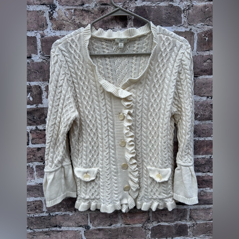 J. Jill size M ivory ruffle cable knit Cream Button-Front Cardigan sweeter